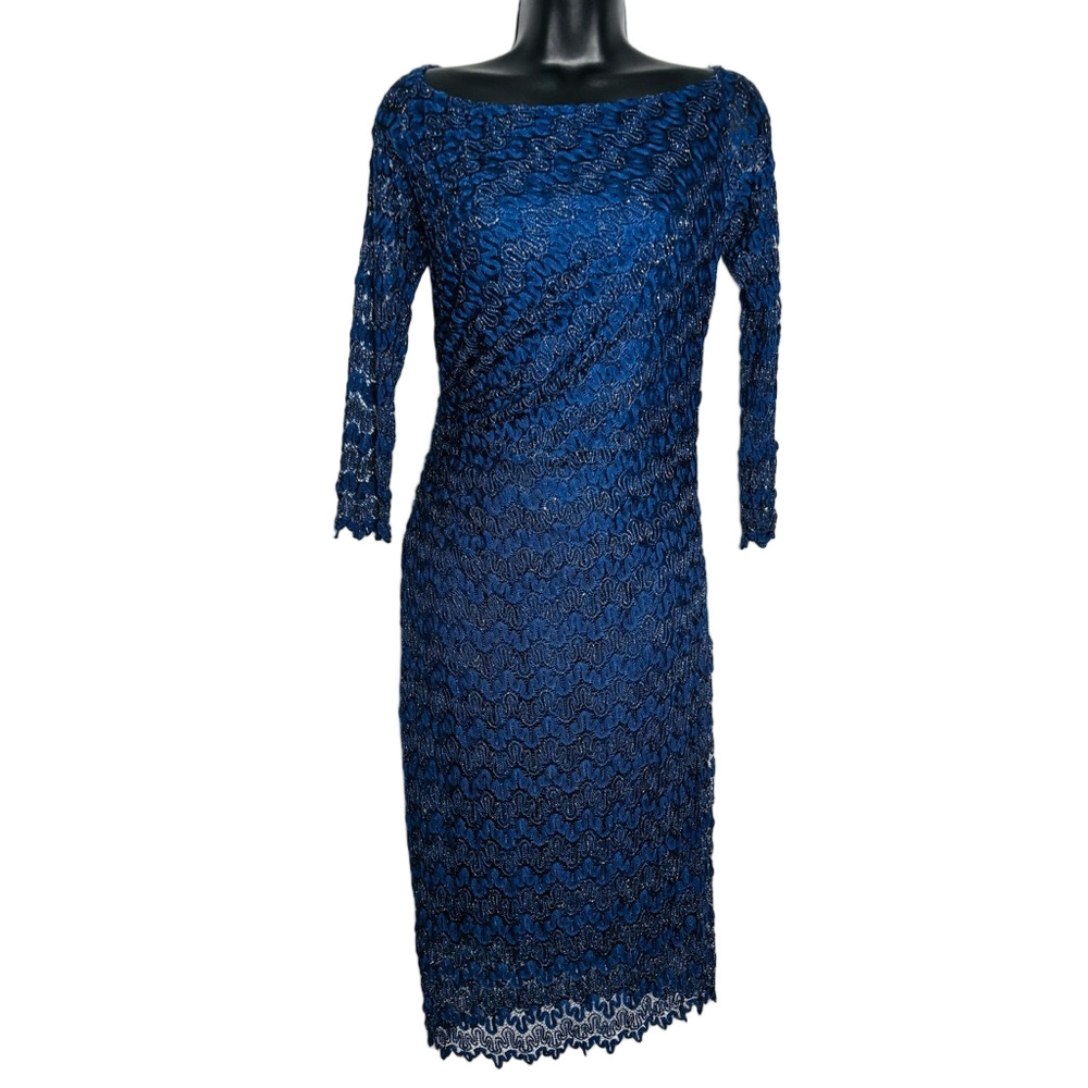 David Meister Navy Blue Lace with Gold Metallic Midi Designer Dress - Picture 2 of 8